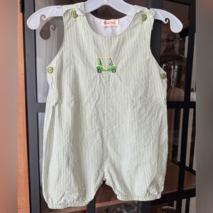 Baby Luigi golf cart romper bubble boy toddler seersucker striped embroidered